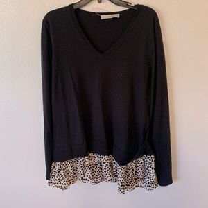 Loft Women’s black sweater with animal print ruffled bottom, NWT